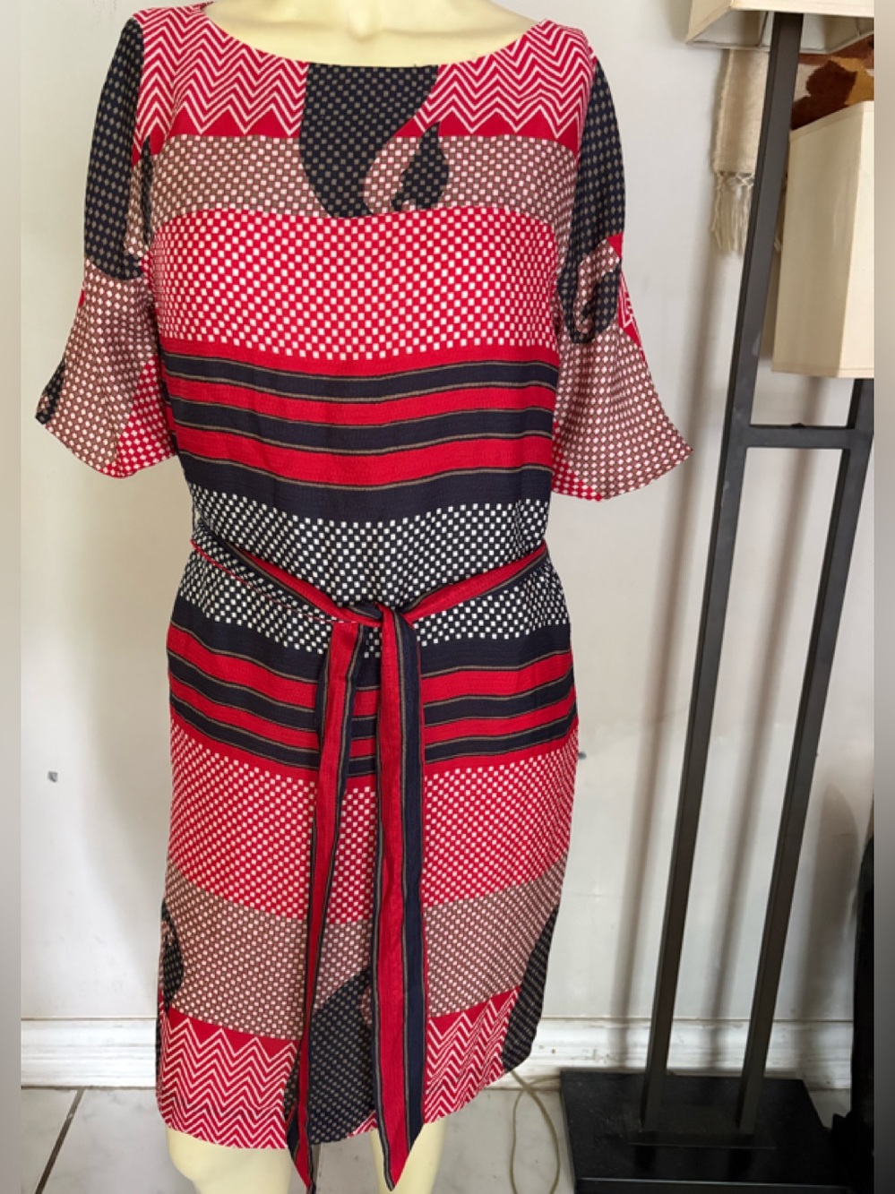 Tory Burch Red and Black Geometric Belted Midi Silk Dress Size 4